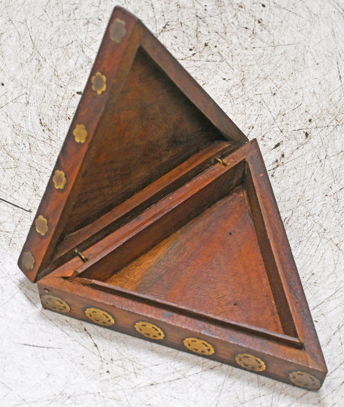 Vintage Wooden Triangle Small Box Original Old Hand Crafted Brass Fitted