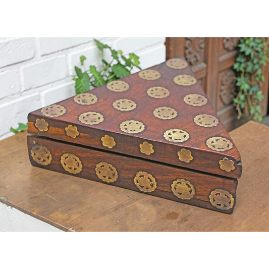 Vintage Wooden Triangle Small Box Original Old Hand Crafted Brass Fitted