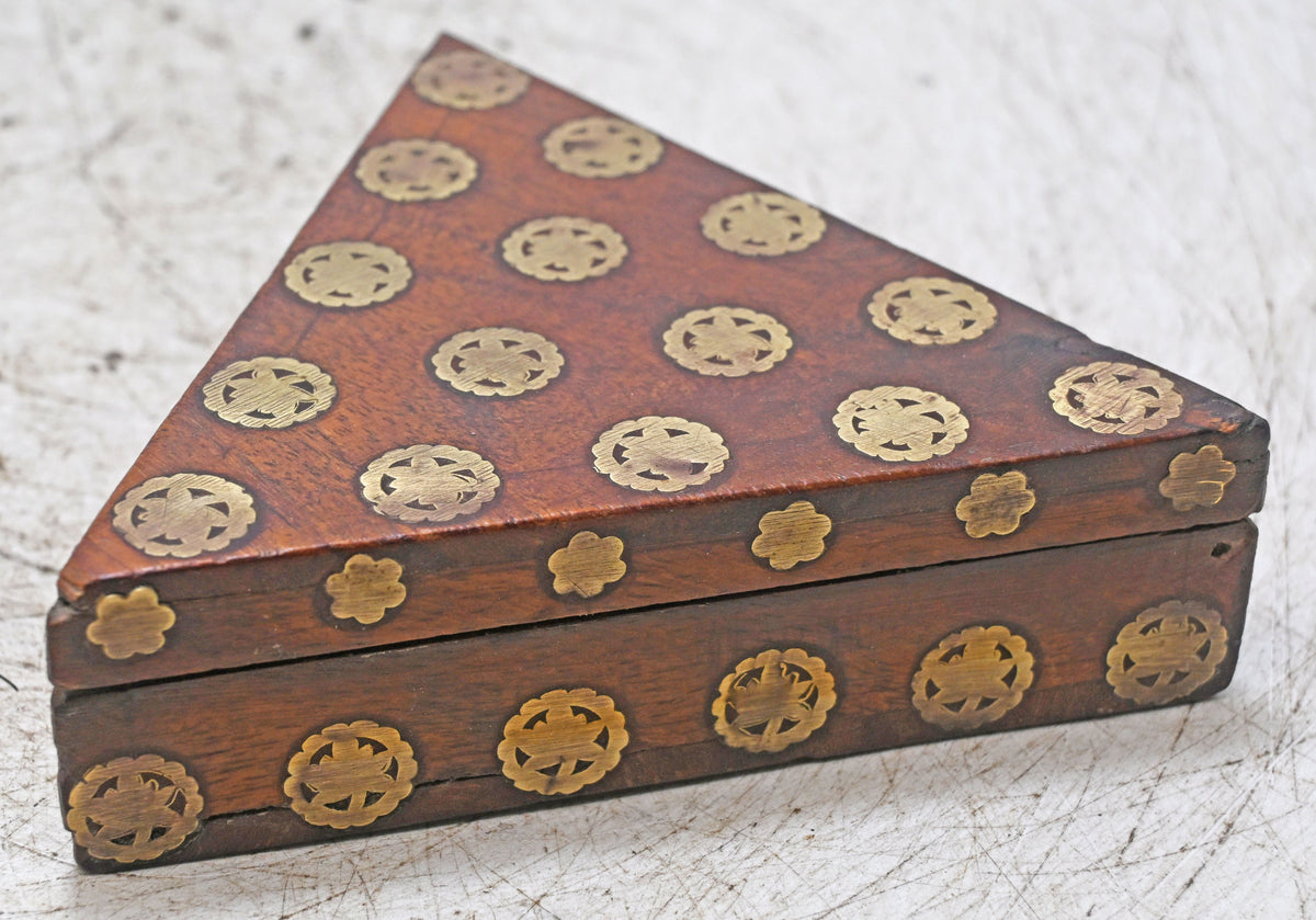 Vintage Wooden Triangle Small Box Original Old Hand Crafted Brass Fitted