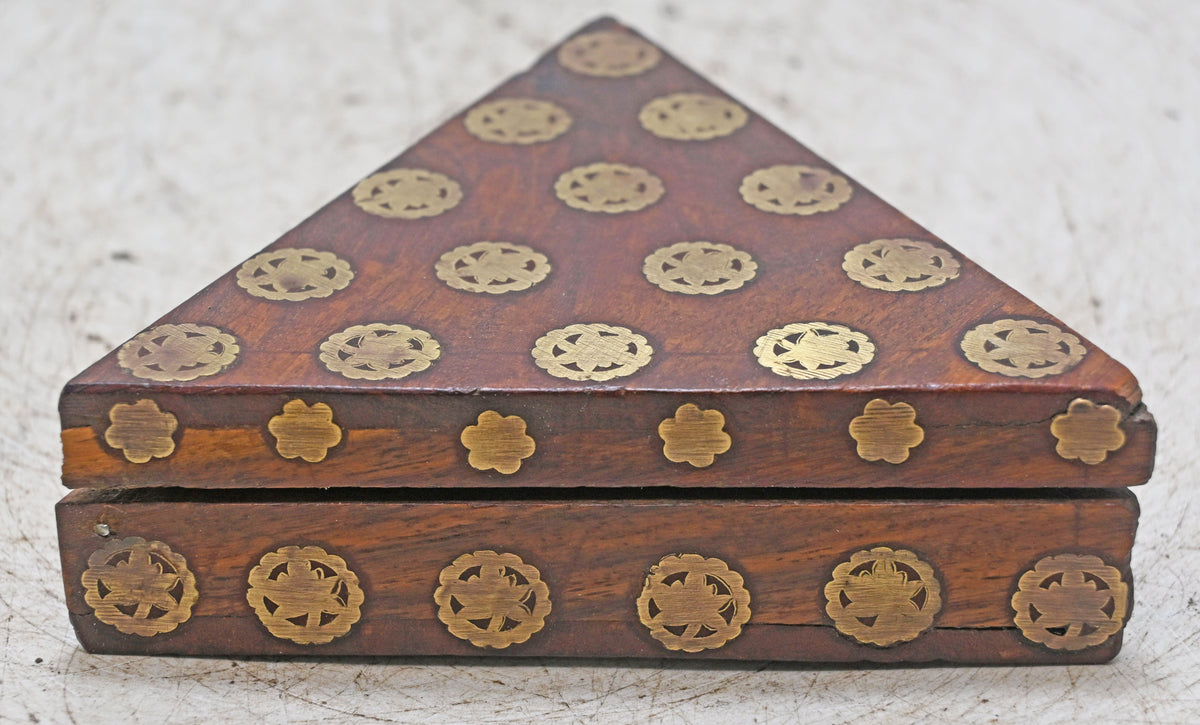 Vintage Wooden Triangle Small Box Original Old Hand Crafted Brass Fitted