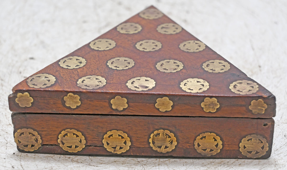 Vintage Wooden Triangle Small Box Original Old Hand Crafted Brass Fitted