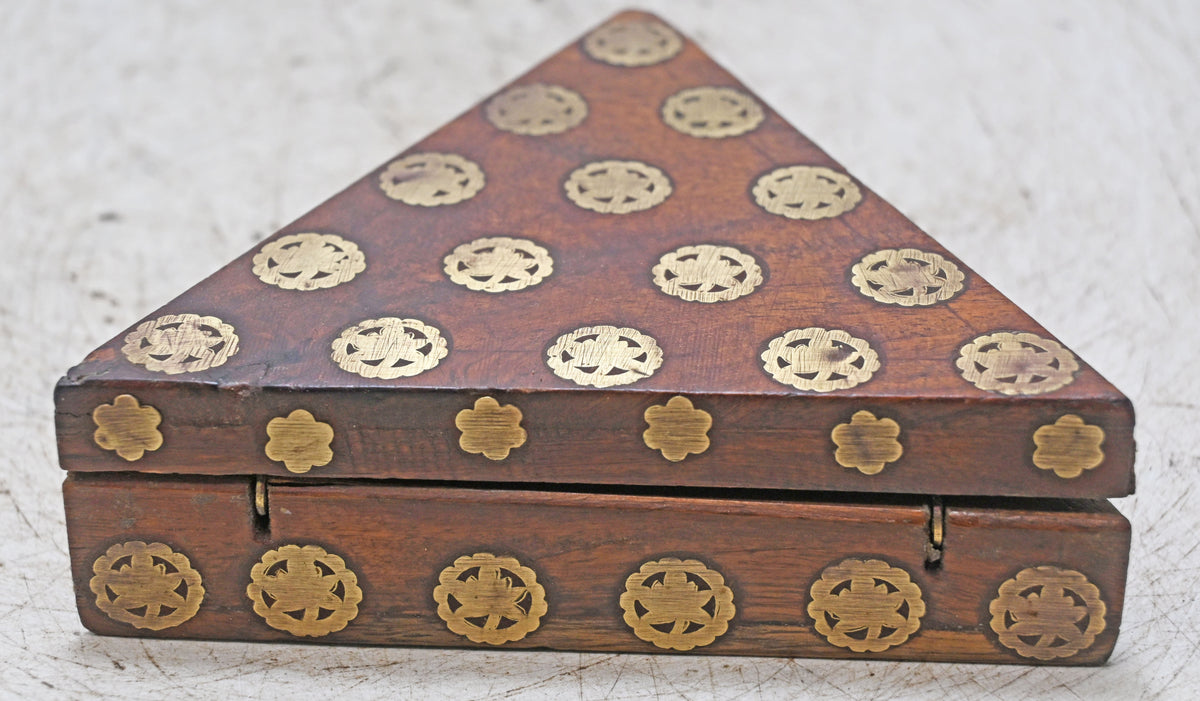 Vintage Wooden Triangle Small Box Original Old Hand Crafted Brass Fitted