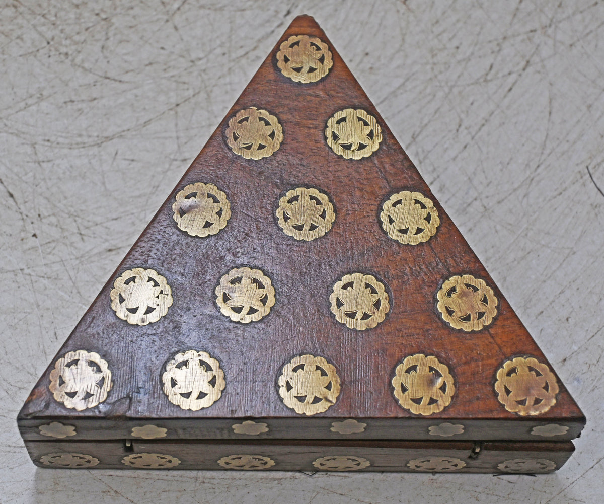 Vintage Wooden Triangle Small Box Original Old Hand Crafted Brass Fitted