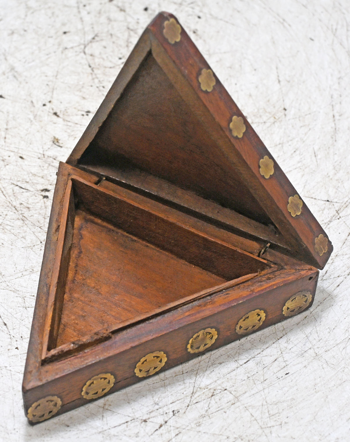 Vintage Wooden Triangle Small Box Original Old Hand Crafted Brass Fitted