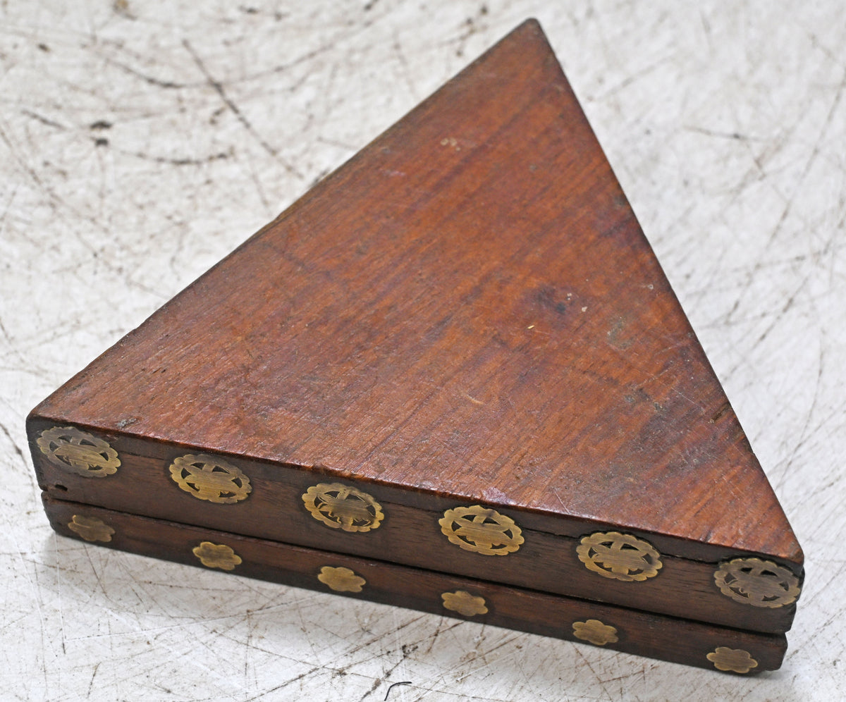 Vintage Wooden Triangle Small Box Original Old Hand Crafted Brass Fitted