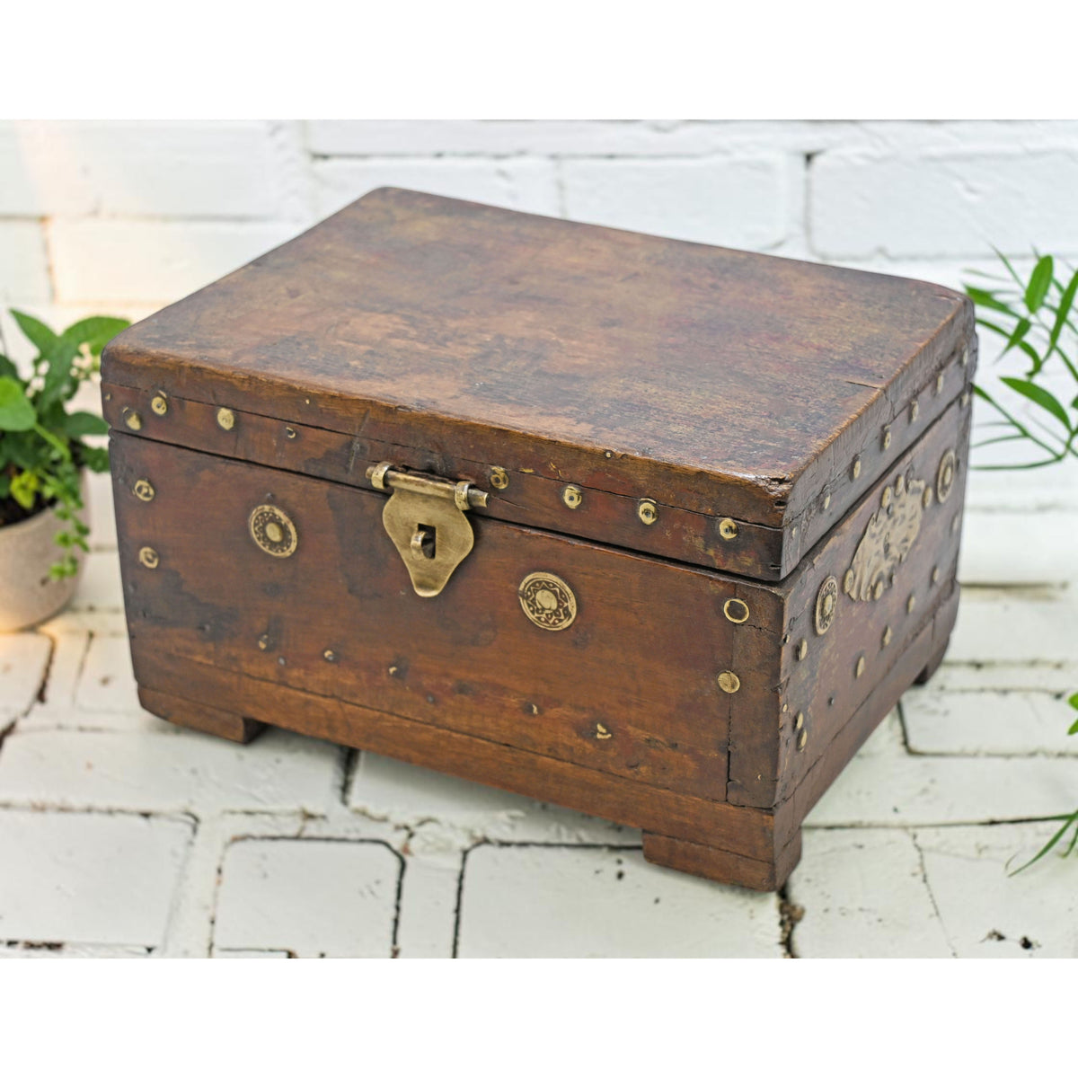 Antique Wooden Storage Box Original Old Hand Crafted Brass Fitted