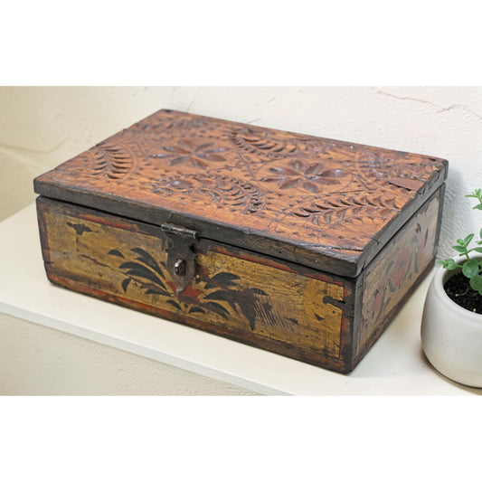 Antique Wooden Storage Box Original Old Hand Crafted Painted Carved