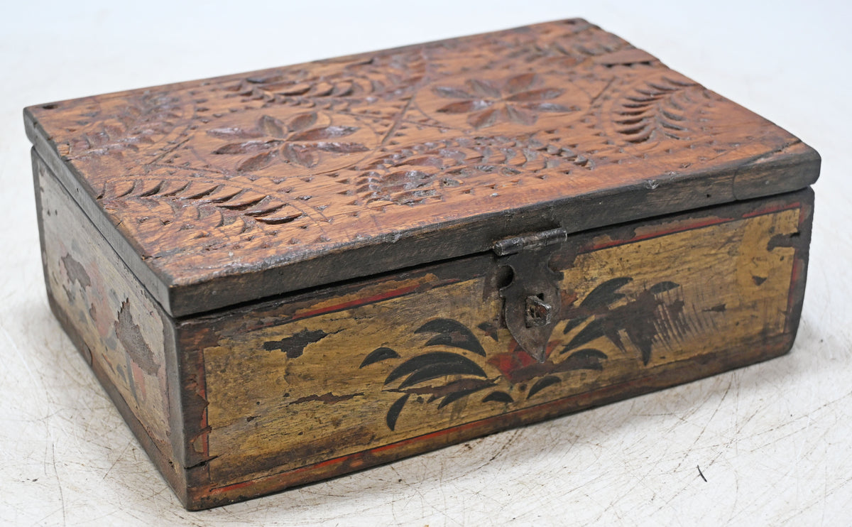 Antique Wooden Storage Box Original Old Hand Crafted Painted Carved