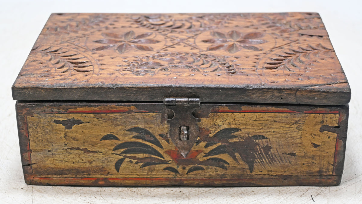 Antique Wooden Storage Box Original Old Hand Crafted Painted Carved