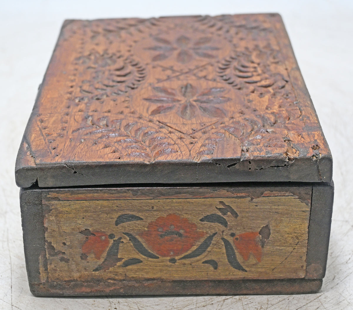 Antique Wooden Storage Box Original Old Hand Crafted Painted Carved