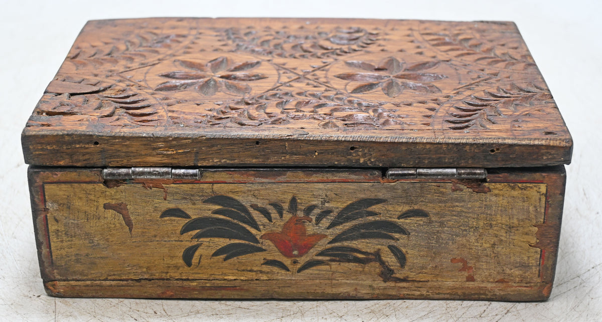 Antique Wooden Storage Box Original Old Hand Crafted Painted Carved