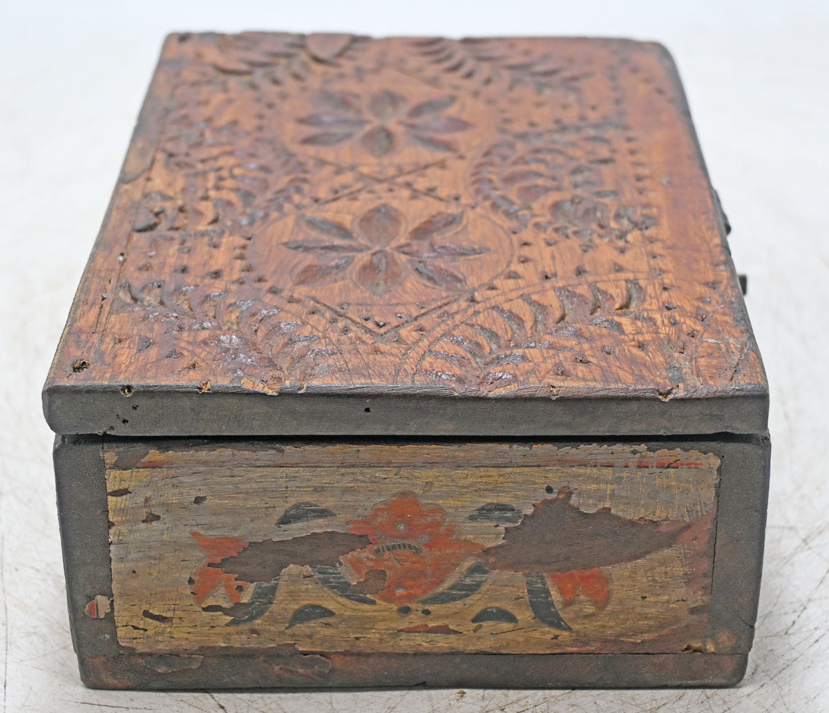 Antique Wooden Storage Box Original Old Hand Crafted Painted Carved