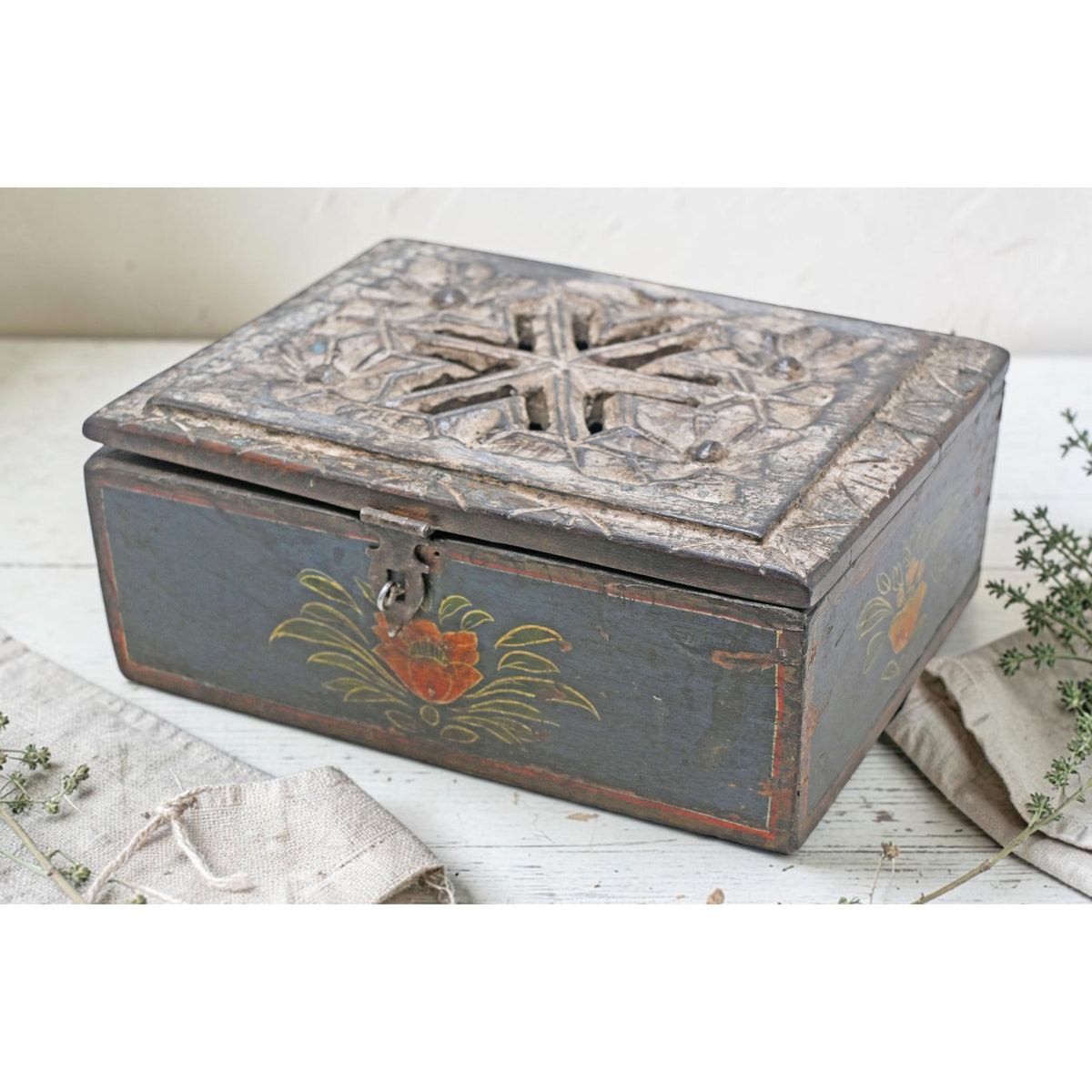Antique Wooden Storage Box Original Old Hand Crafted Painted Carved