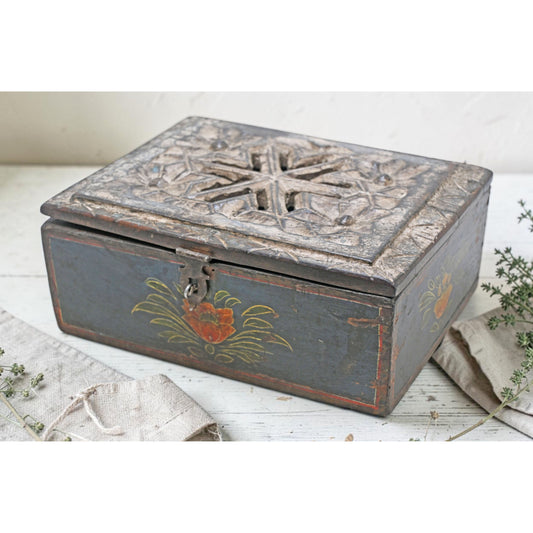 Antique Wooden Storage Box Original Old Hand Crafted Painted Carved