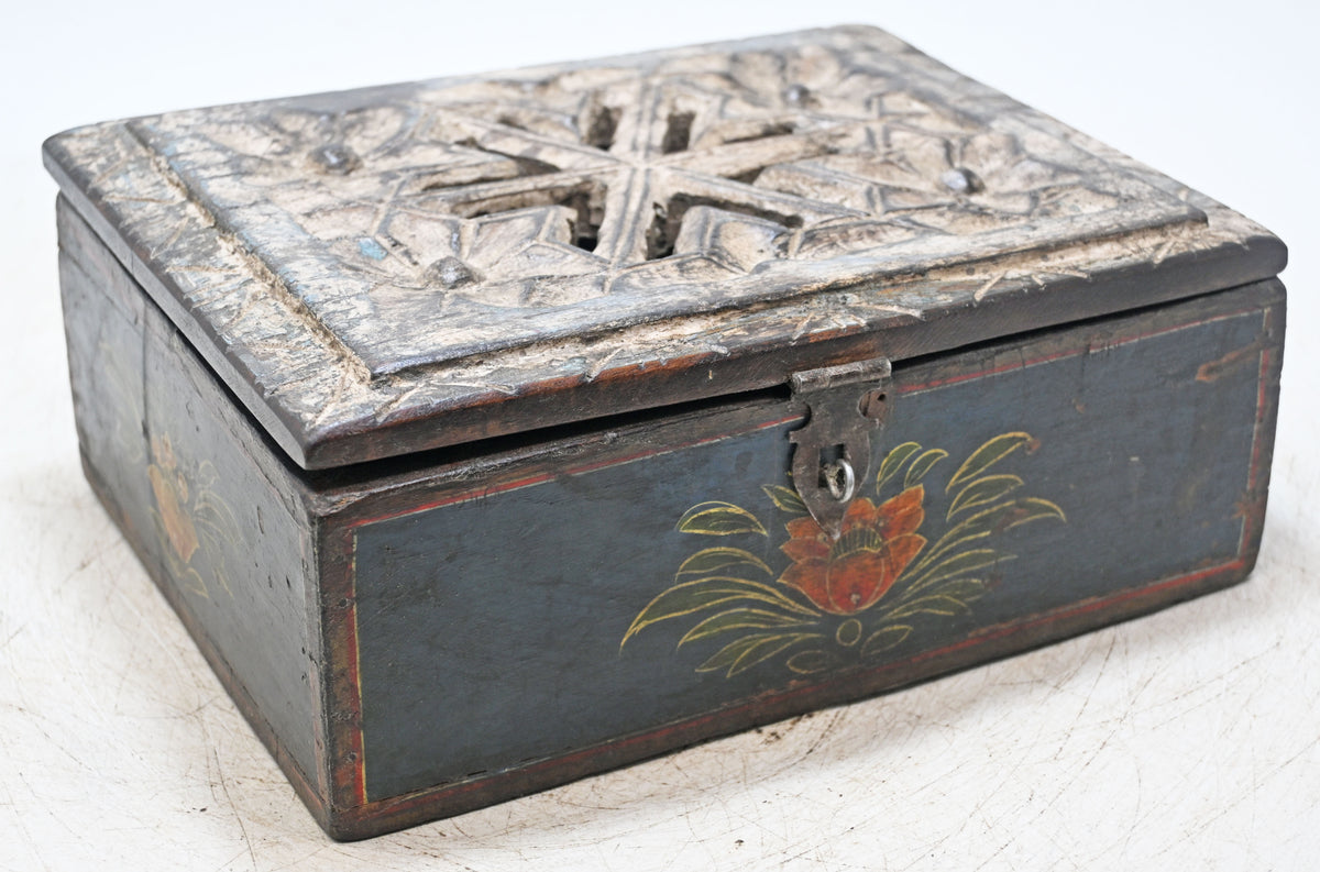 Antique Wooden Storage Box Original Old Hand Crafted Painted Carved