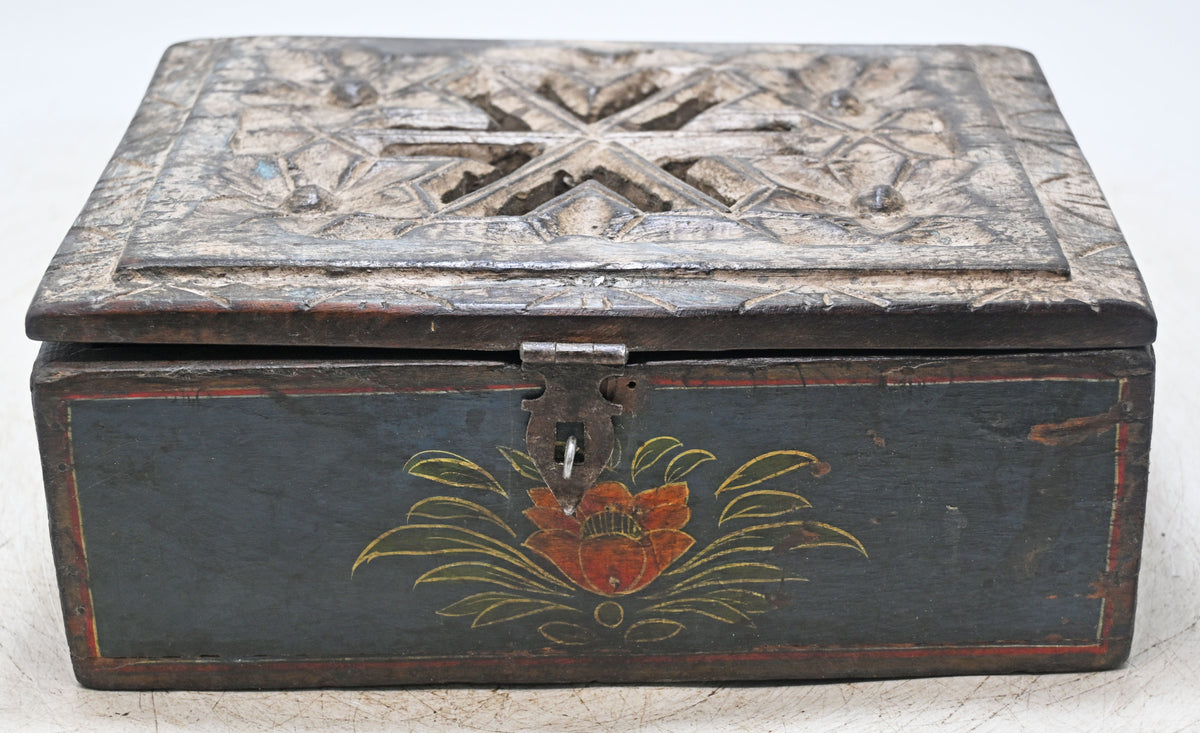 Antique Wooden Storage Box Original Old Hand Crafted Painted Carved