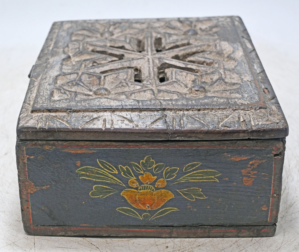 Antique Wooden Storage Box Original Old Hand Crafted Painted Carved