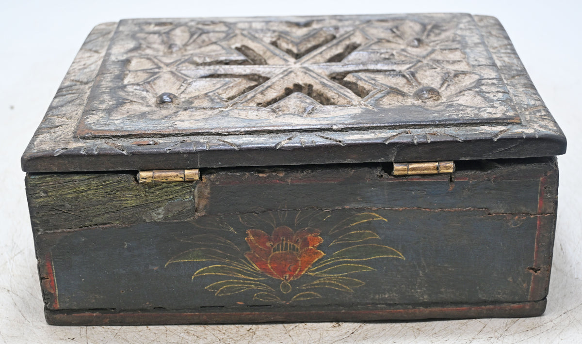 Antique Wooden Storage Box Original Old Hand Crafted Painted Carved