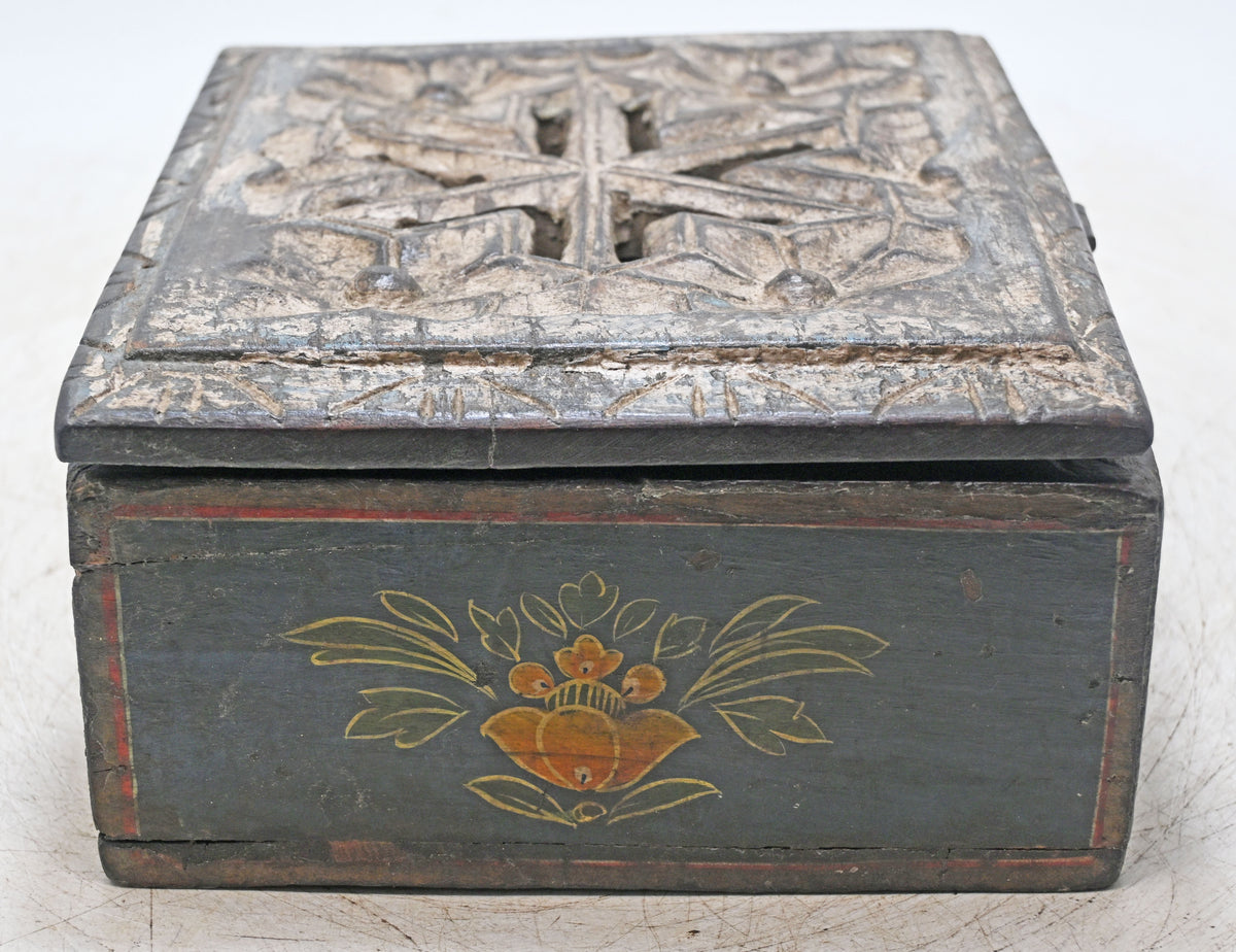 Antique Wooden Storage Box Original Old Hand Crafted Painted Carved