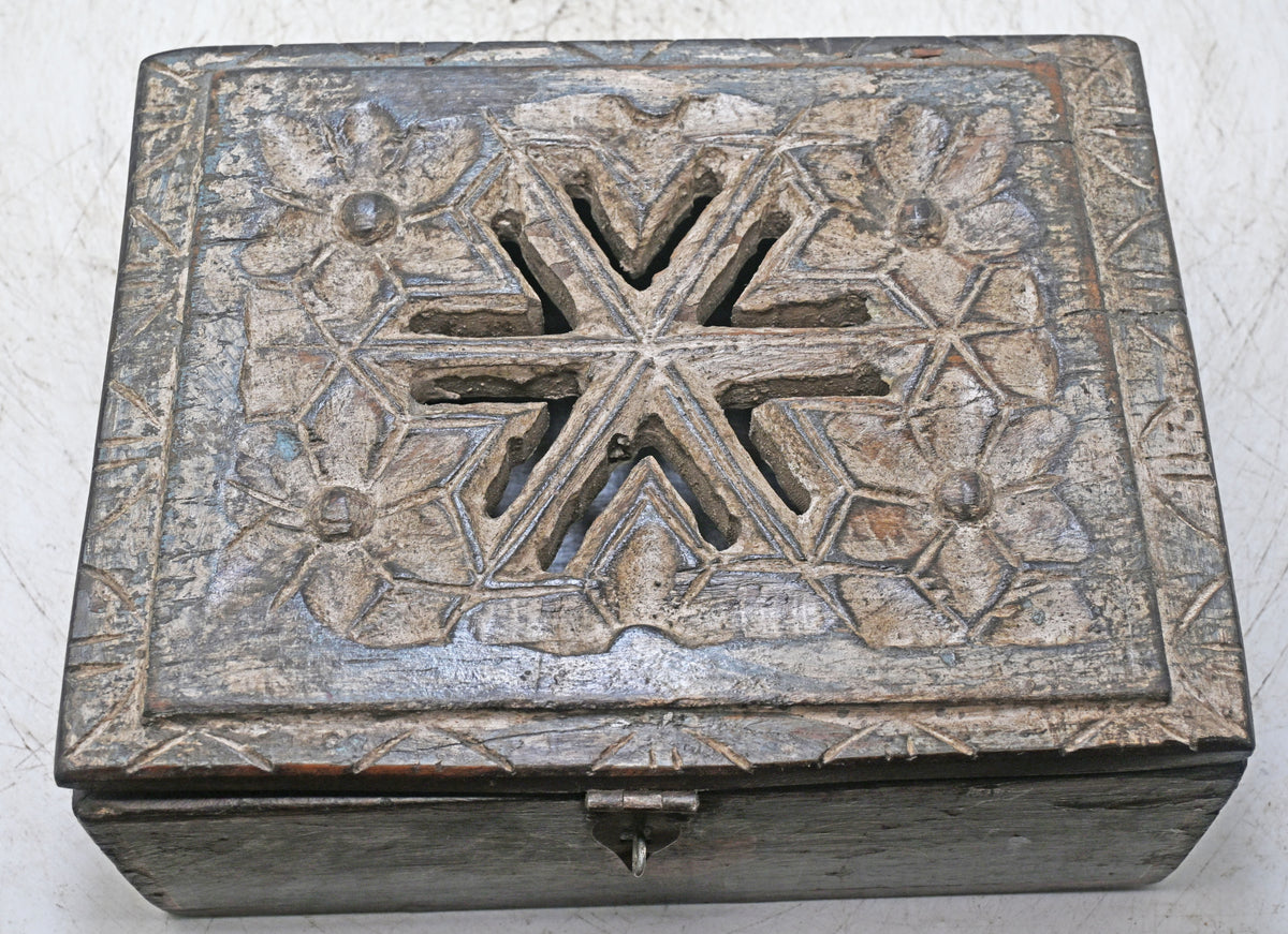 Antique Wooden Storage Box Original Old Hand Crafted Painted Carved