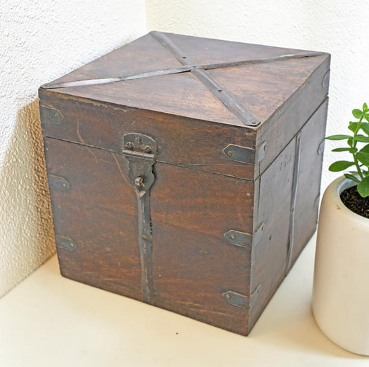 Vintage Wooden Square Storage Box Original Old Hand Crafted Metal Fitted