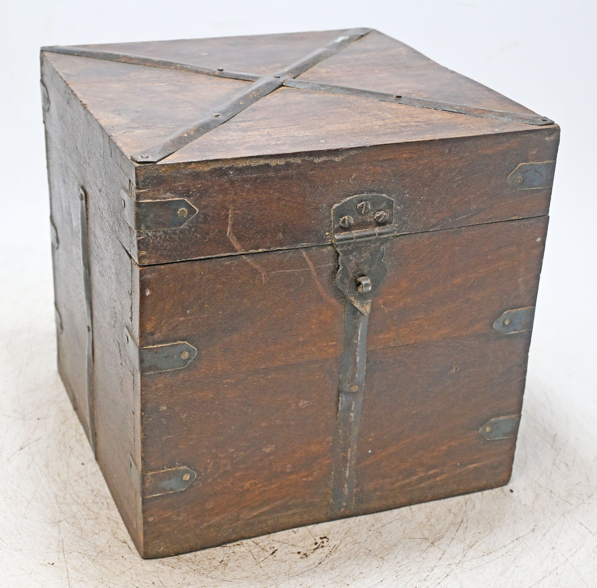 Vintage Wooden Square Storage Box Original Old Hand Crafted Metal Fitted
