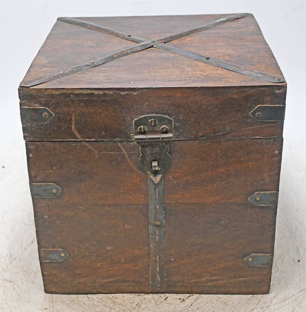 Vintage Wooden Square Storage Box Original Old Hand Crafted Metal Fitted