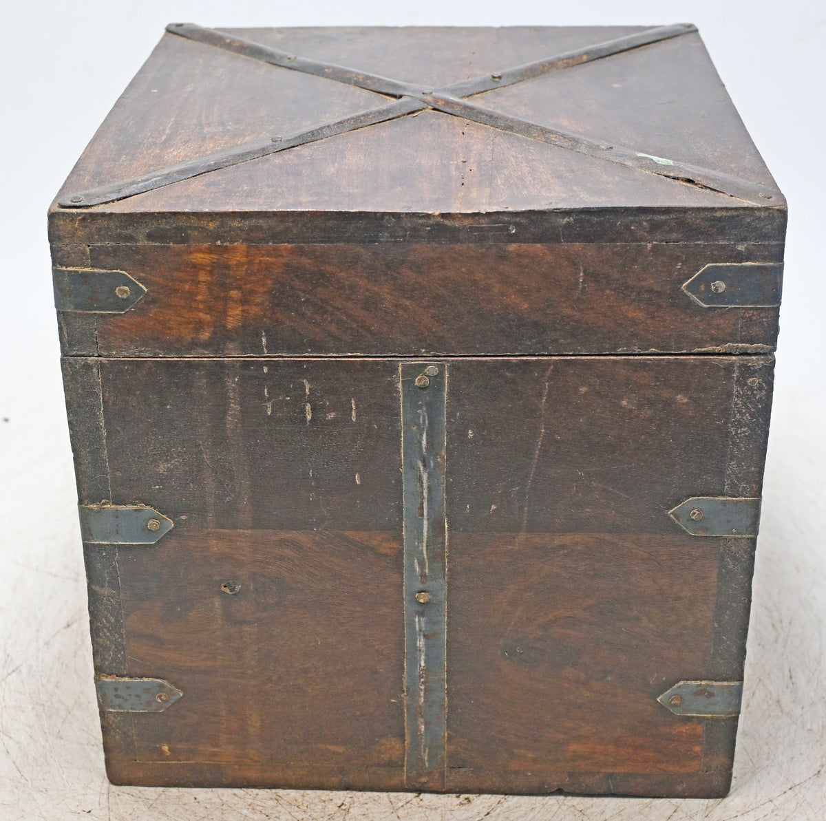 Vintage Wooden Square Storage Box Original Old Hand Crafted Metal Fitted