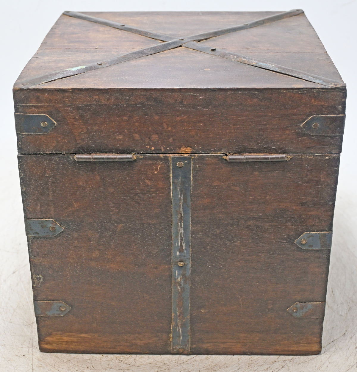 Vintage Wooden Square Storage Box Original Old Hand Crafted Metal Fitted