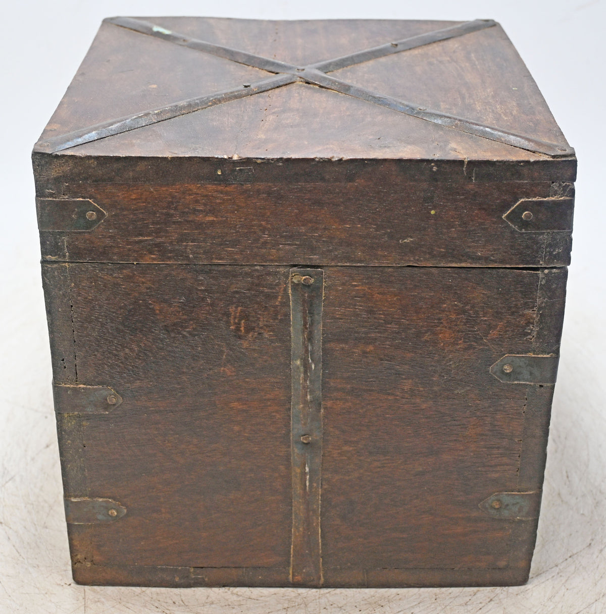 Vintage Wooden Square Storage Box Original Old Hand Crafted Metal Fitted
