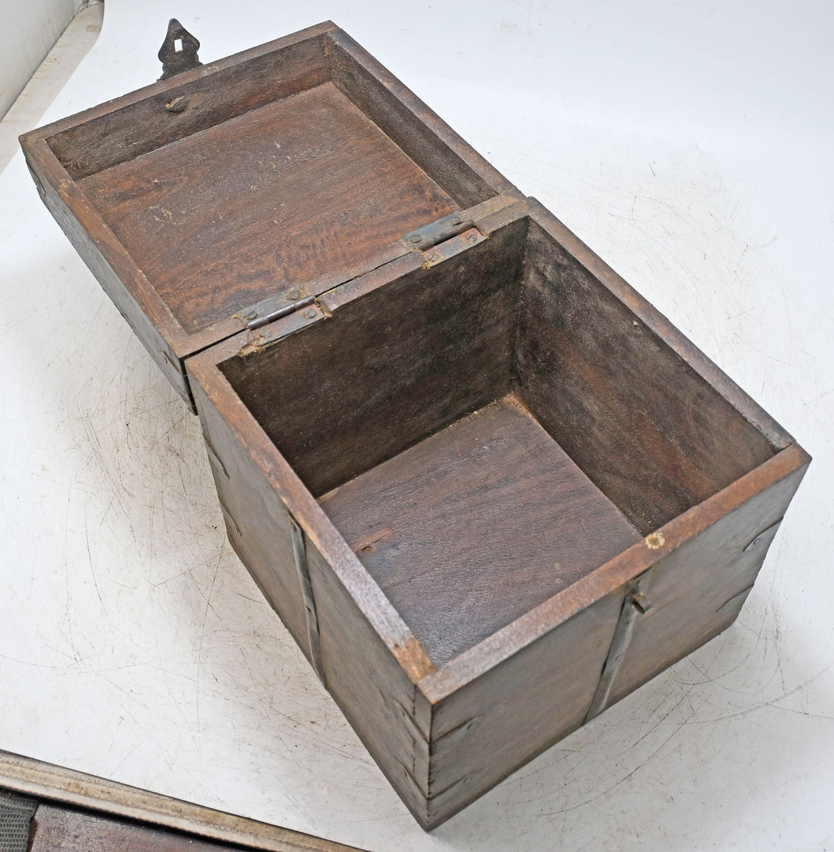 Vintage Wooden Square Storage Box Original Old Hand Crafted Metal Fitted