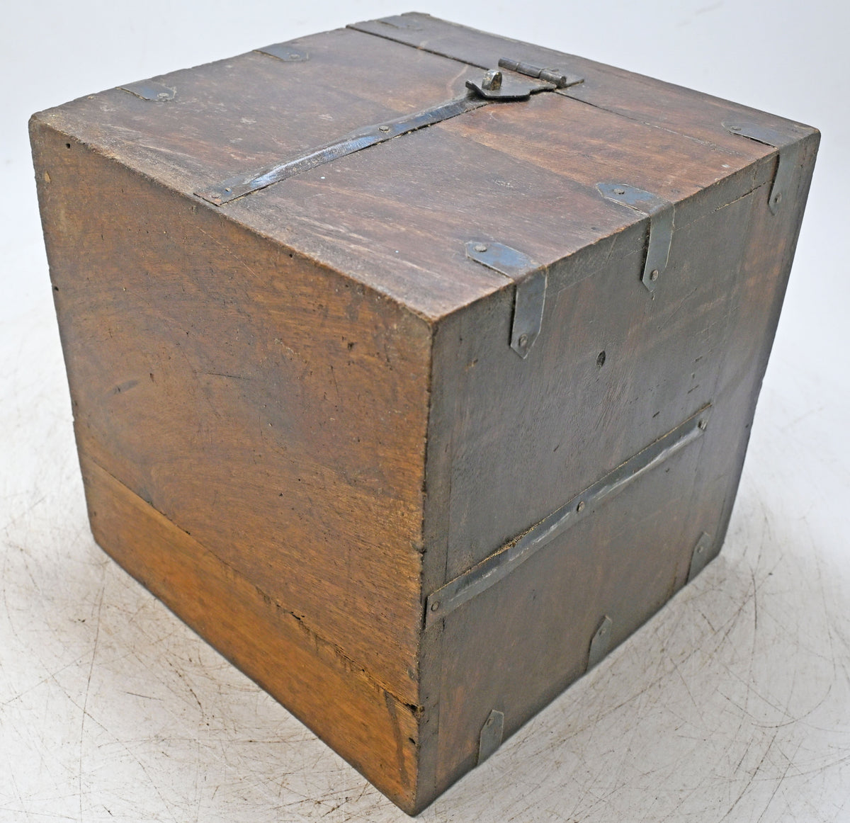 Vintage Wooden Square Storage Box Original Old Hand Crafted Metal Fitted