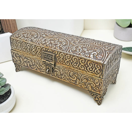 Vintage White Metal Long Storage Box Original Old Very Fine Embossed Hand Crafted
