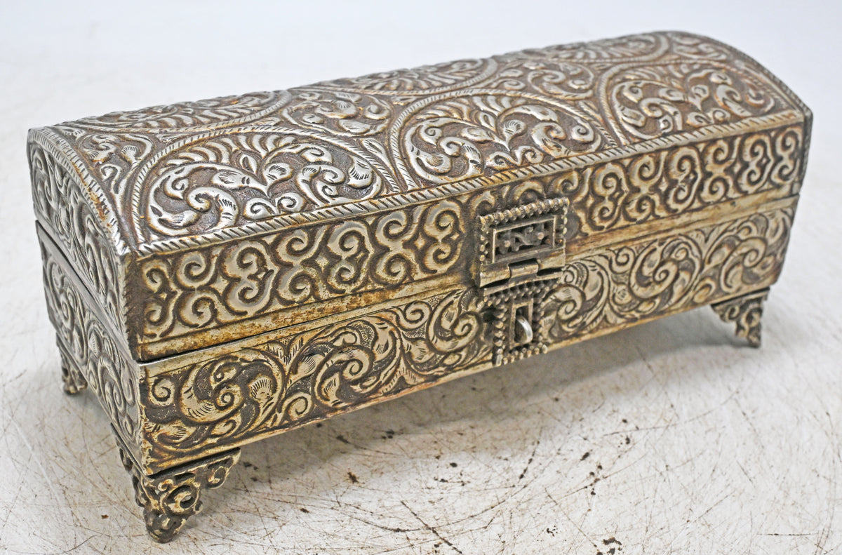 Vintage White Metal Long Storage Box Original Old Very Fine Embossed Hand Crafted