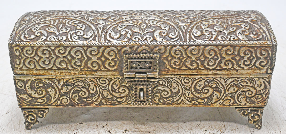 Vintage White Metal Long Storage Box Original Old Very Fine Embossed Hand Crafted