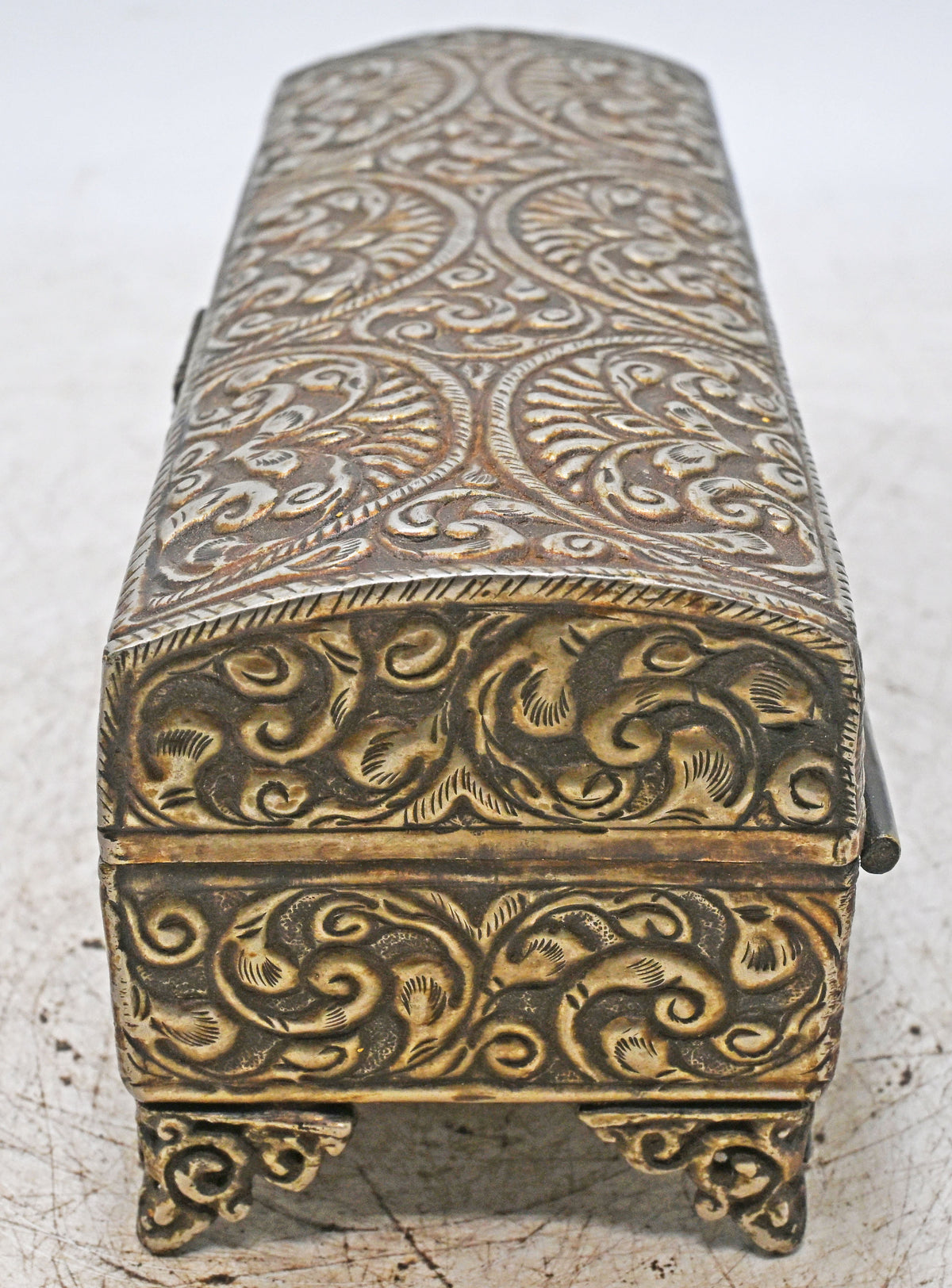 Vintage White Metal Long Storage Box Original Old Very Fine Embossed Hand Crafted