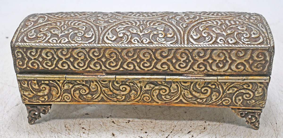 Vintage White Metal Long Storage Box Original Old Very Fine Embossed Hand Crafted