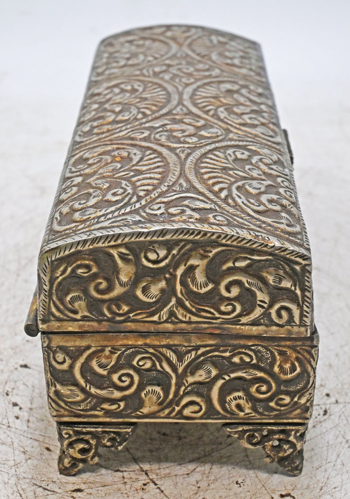 Vintage White Metal Long Storage Box Original Old Very Fine Embossed Hand Crafted
