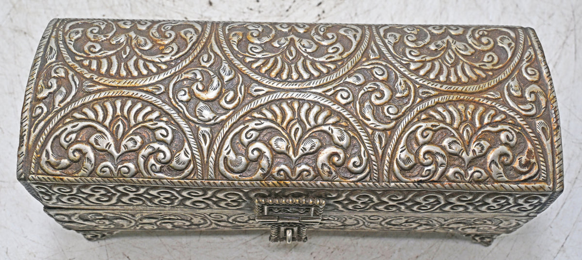 Vintage White Metal Long Storage Box Original Old Very Fine Embossed Hand Crafted