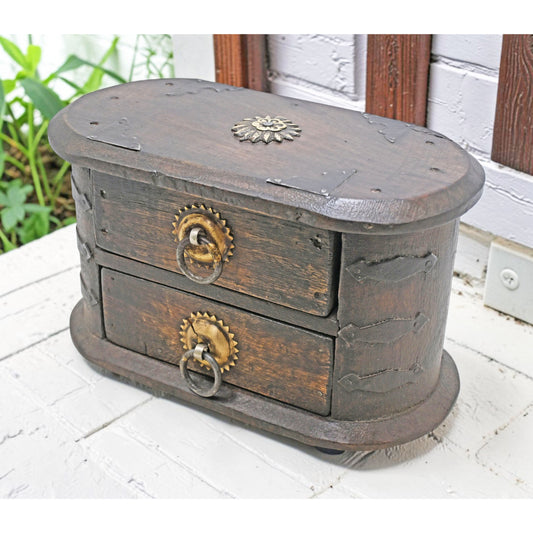 Vintage Wooden Oval 2 Drawers Storage Box Original Old Hand Crafted