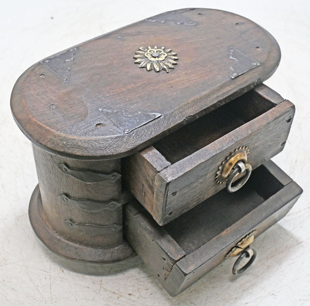 Vintage Wooden Oval 2 Drawers Storage Box Original Old Hand Crafted