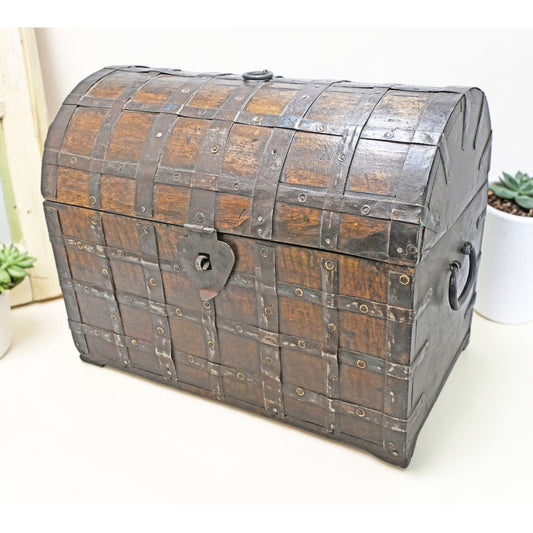 Vintage Wooden Large Size Half Round Storage Chest Box Original Old Metal Fitted