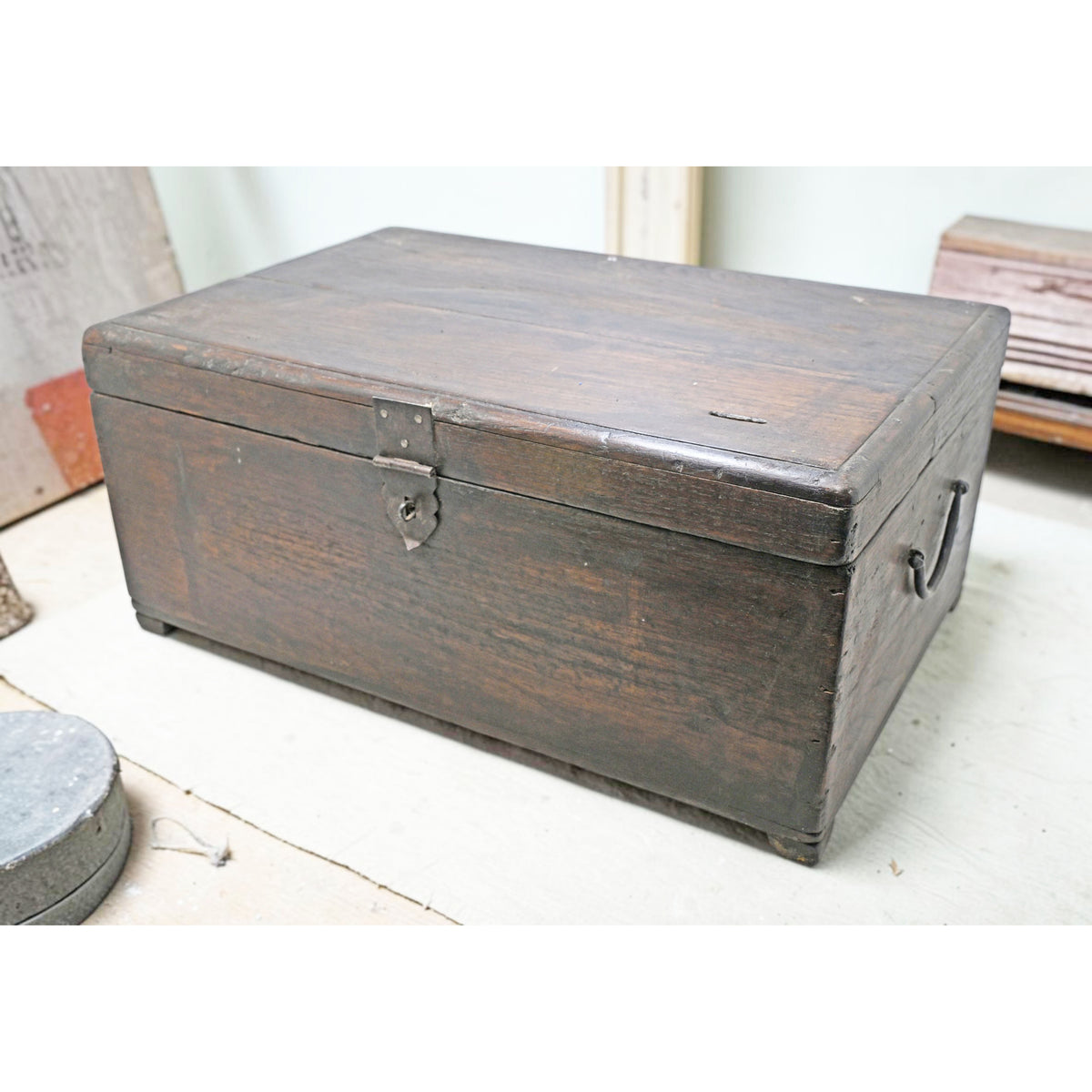 Antique Wooden Large Size Merchant's Cash Chest Storage Box Original Old