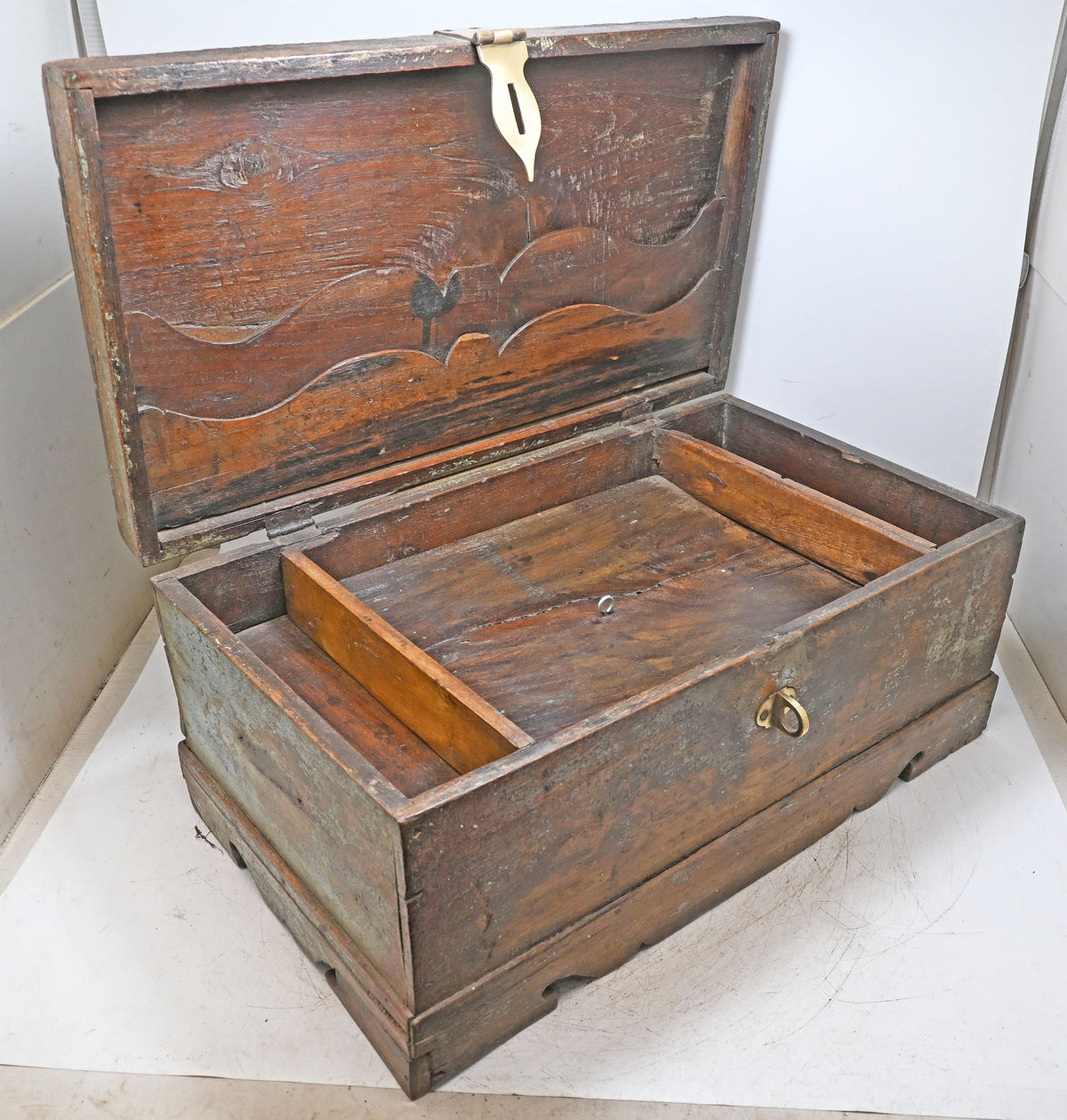 Antique Wooden Large Size Merchant's Cash Chest Storage Box Original Old