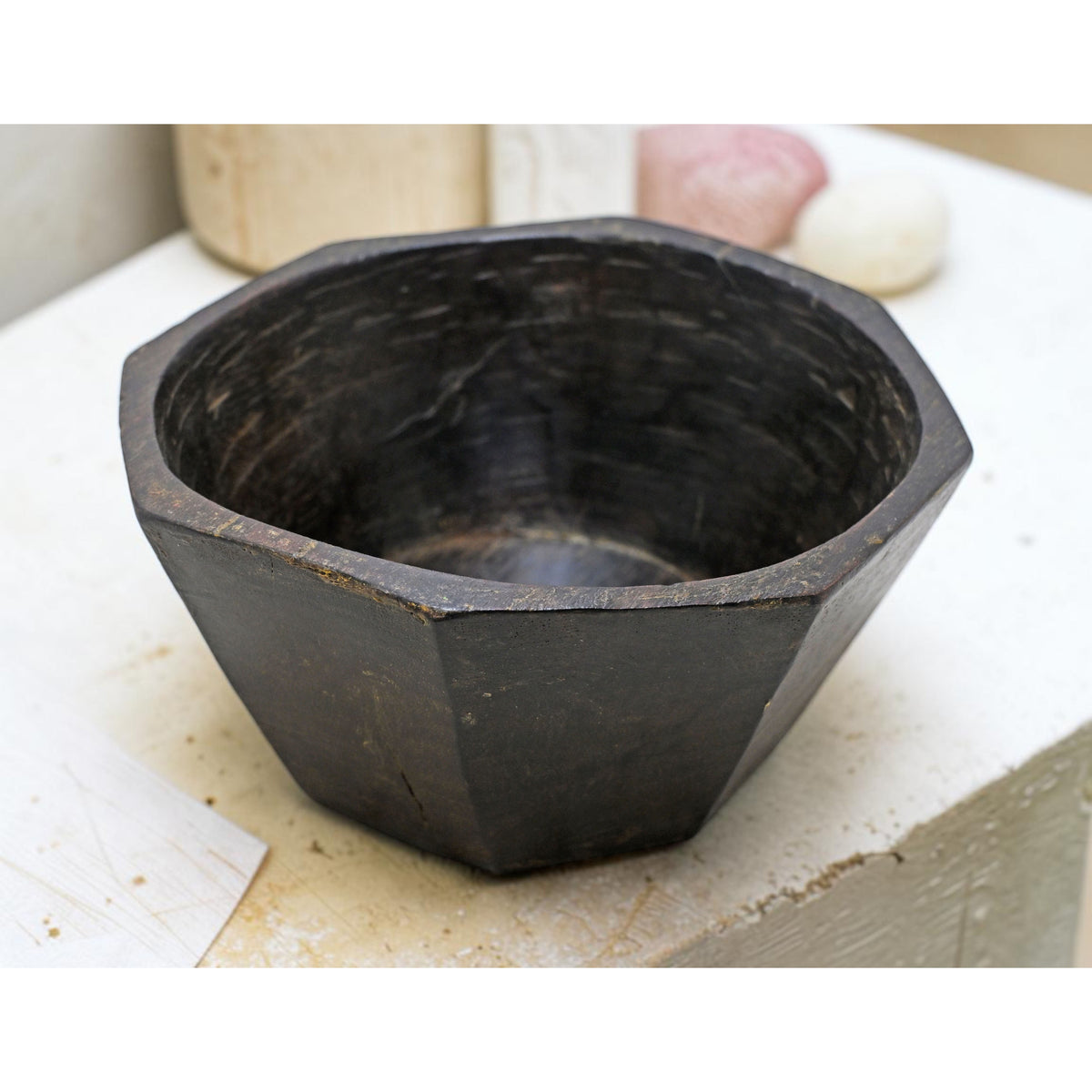 Antique Wooden Kitchenware Curry Bowl Original Old Hand Carved