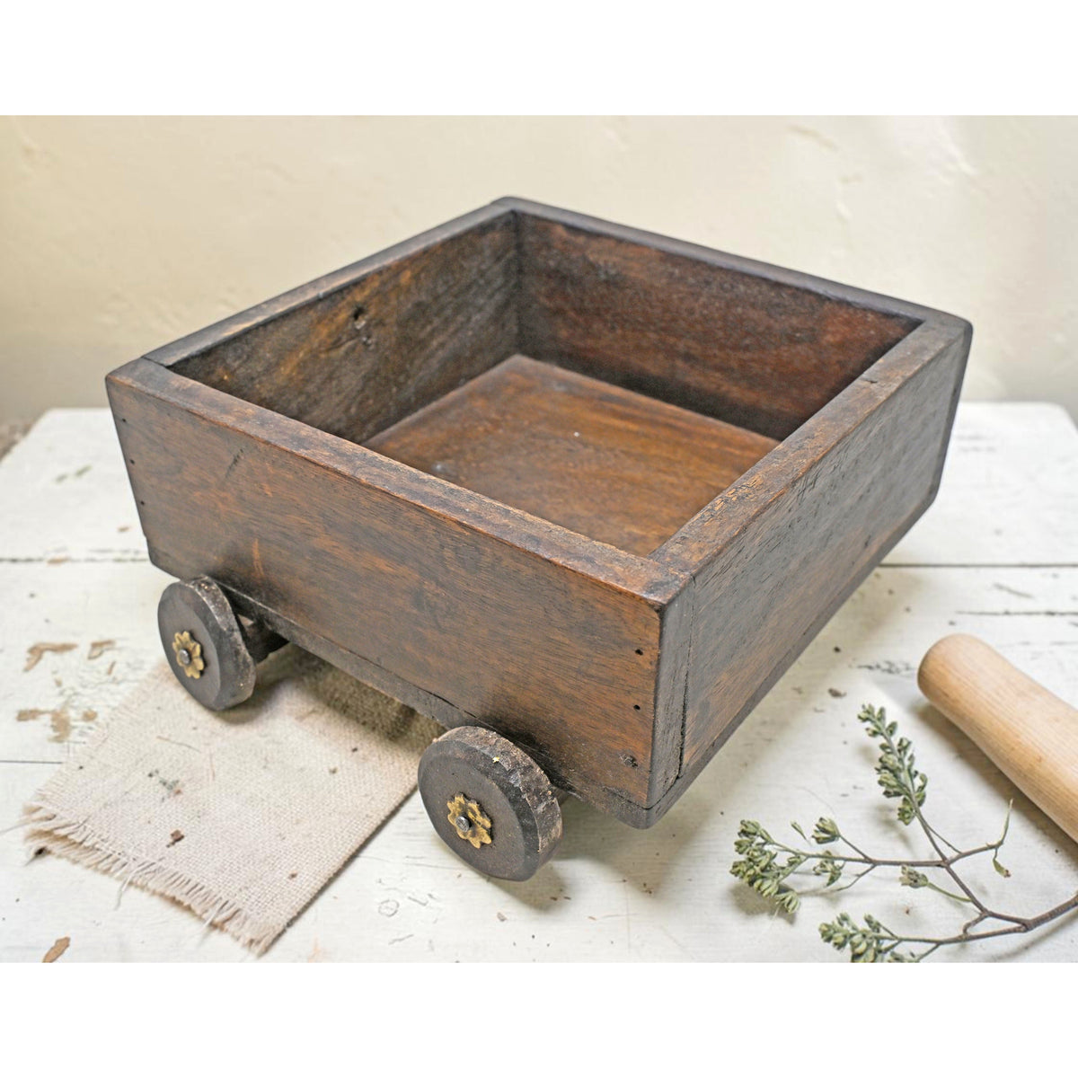 Vintage Wooden Square Basket on Wheels Original Old Hand Crafted