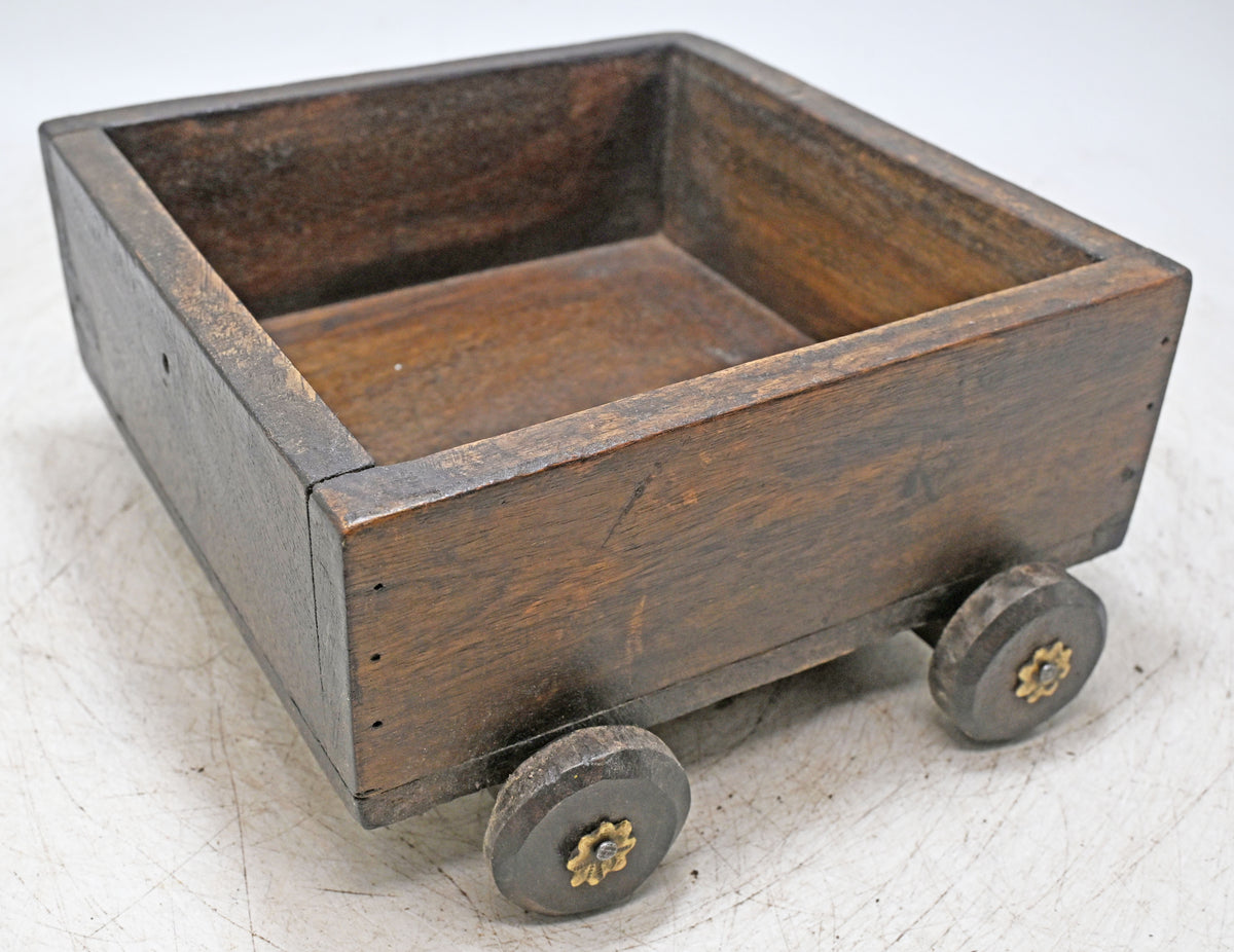 Vintage Wooden Square Basket on Wheels Original Old Hand Crafted