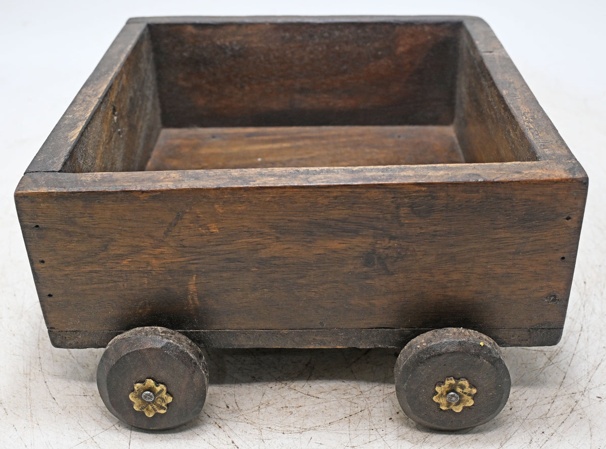 Vintage Wooden Square Basket on Wheels Original Old Hand Crafted