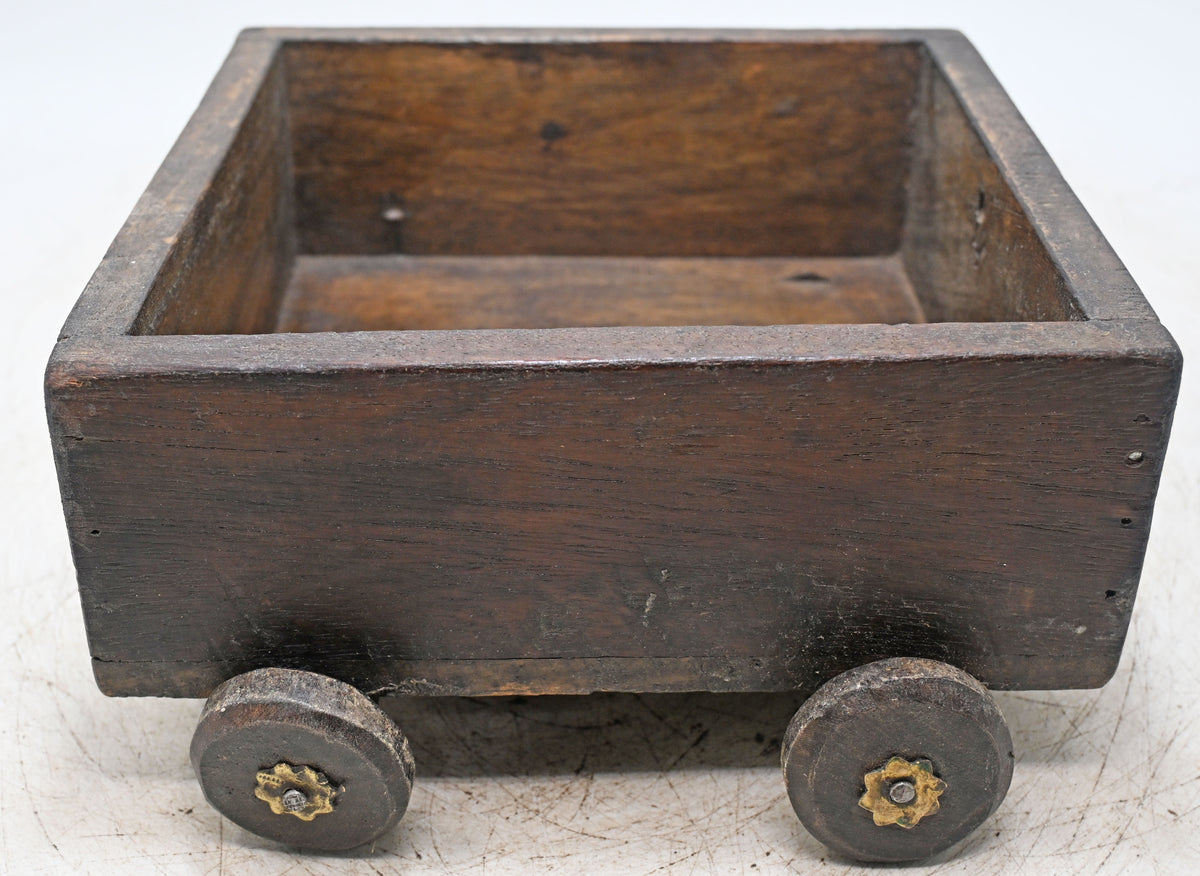 Vintage Wooden Square Basket on Wheels Original Old Hand Crafted