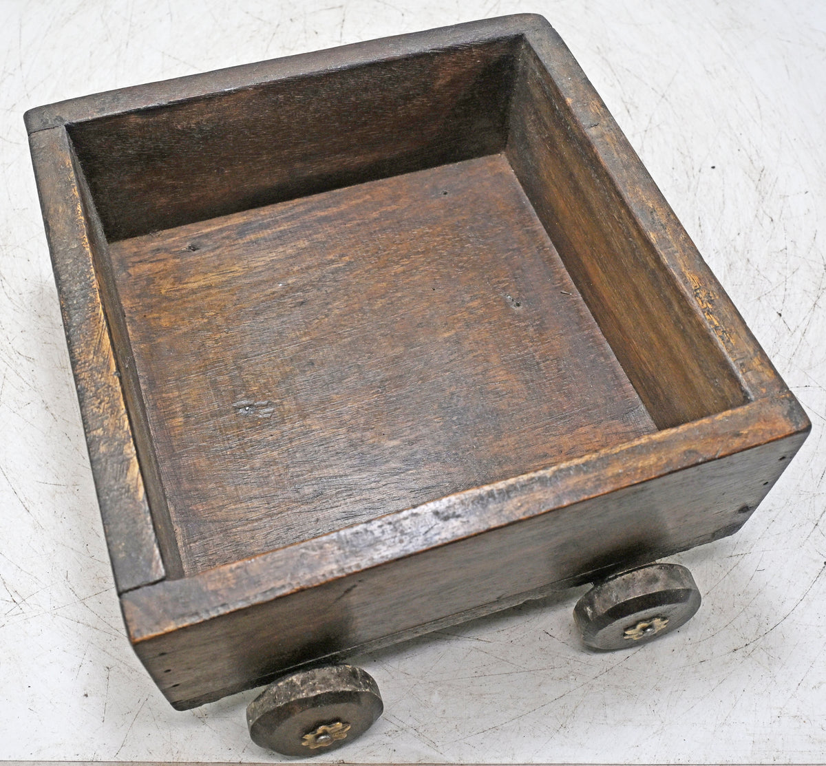 Vintage Wooden Square Basket on Wheels Original Old Hand Crafted